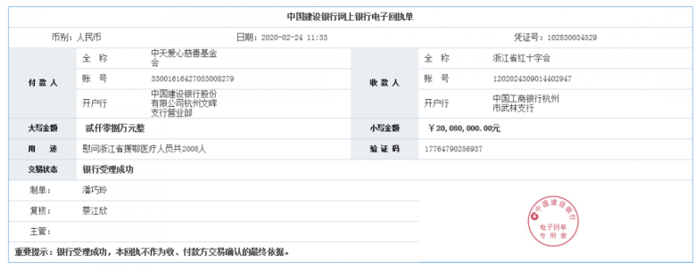 一笔总计2008万元的爱心善款已于2月24日中午汇往浙江省红十字会的户头_conew1